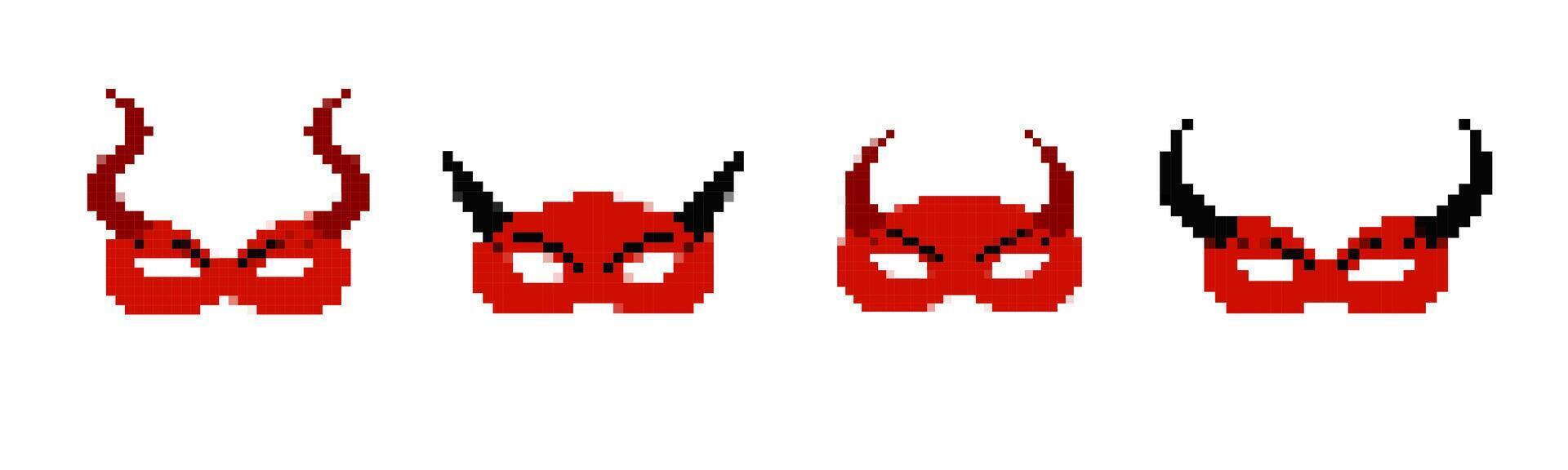 Mosaic pixel art red devil masks with horns in various styles and designs vector