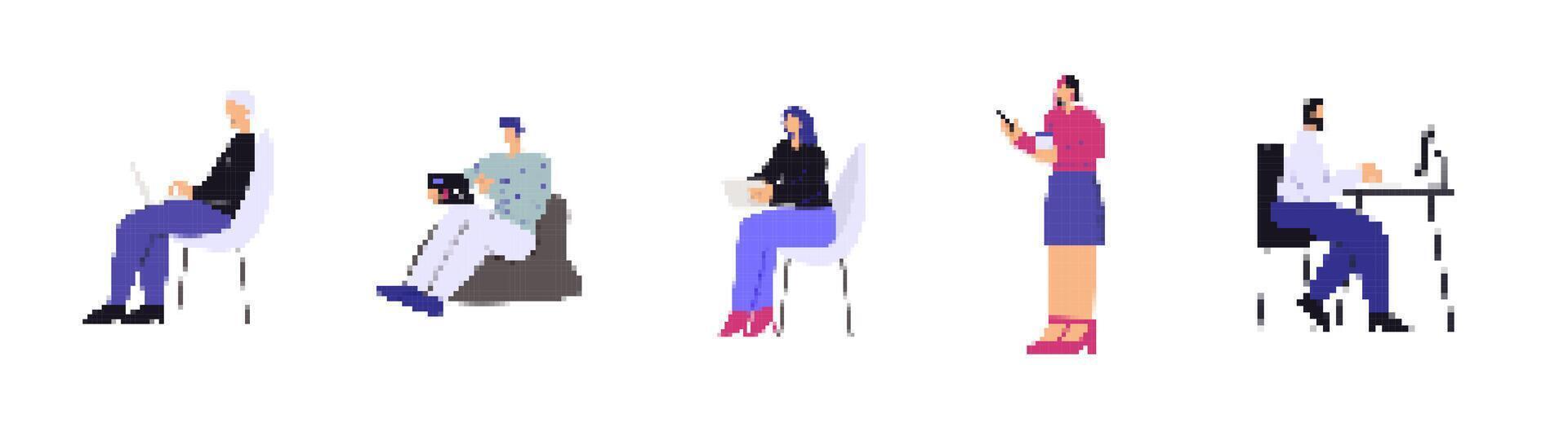 Mosaic pixel art style icons depicting people engaged in various computer related activities vector