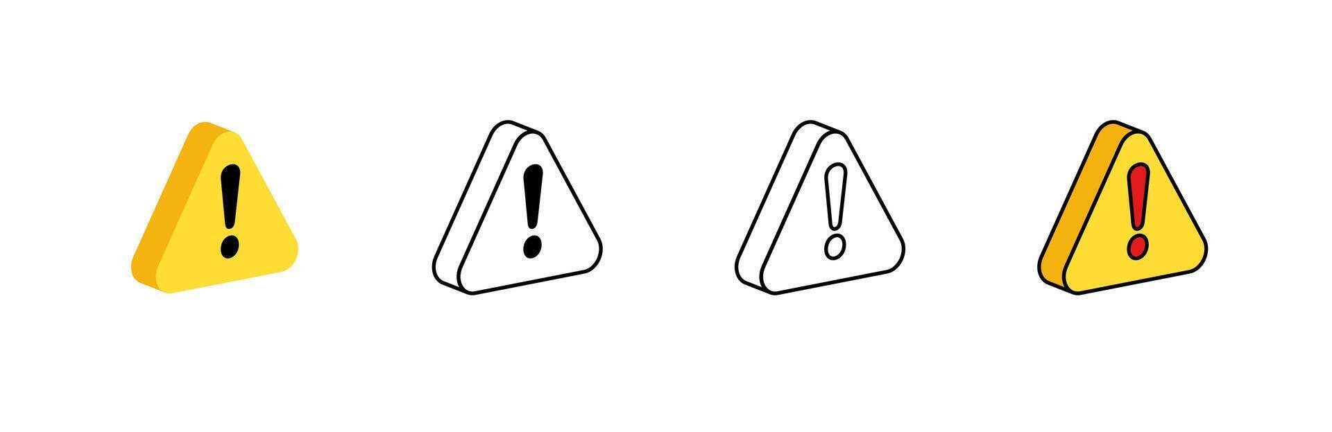 Icon collection of warning symbols in color and outline variations for caution alerts vector