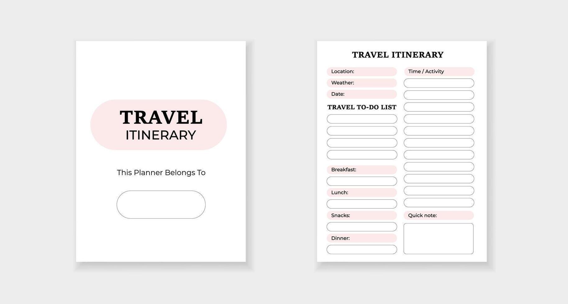 Travel itinerary form with planner template for organizing trip details and daily activities vector