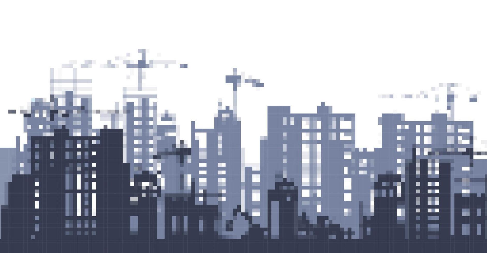 Mosaic city skyline with pixel art buildings and construction cranes vector