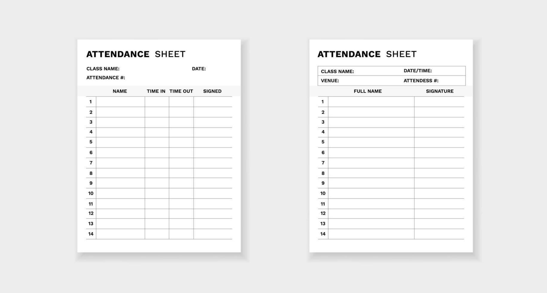 Class attendance sheet template with signatures and timings for effective record keeping vector
