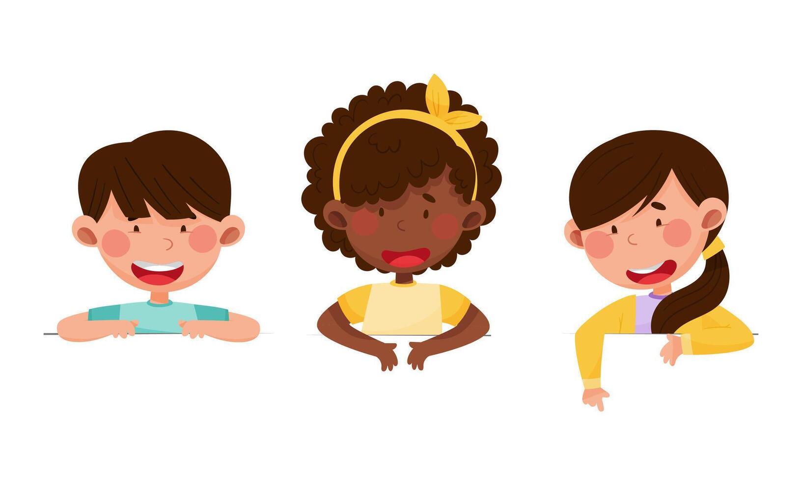Happy smiling little children peeking out from wall or looking over blank sign board cartoon illustration vector