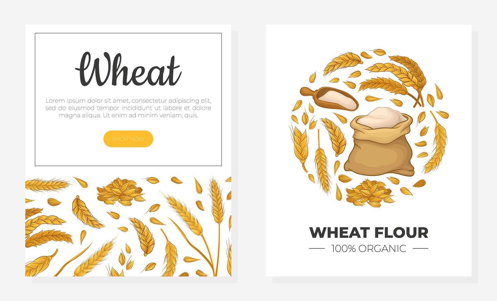 Wheat web pages set. Bakery and pastry shop, organic healthy products mobile application templates vector