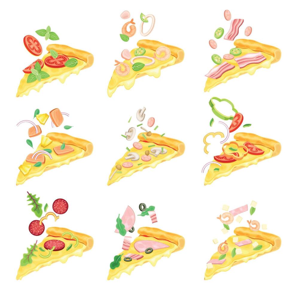 Tasty fresh hot slices of pizza with various ingredients illustration vector