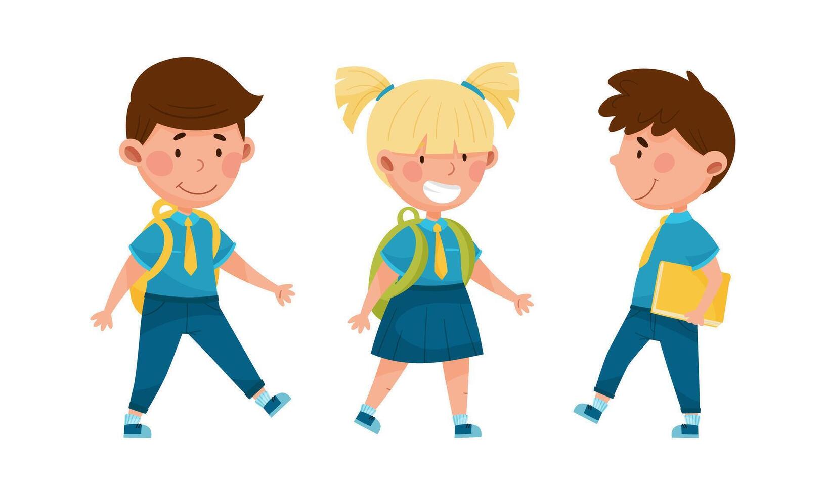 Cute kids in blue school uniform set. Smiling schoolkids going to school with backpacks cartoon illustration vector