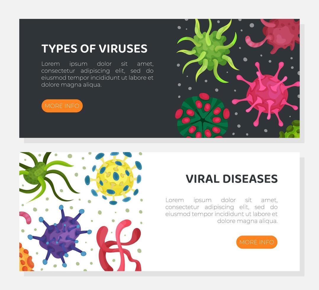 Viral diseases web banners set. Types of viruses, bacteriological microorganisms homepage illustration vector