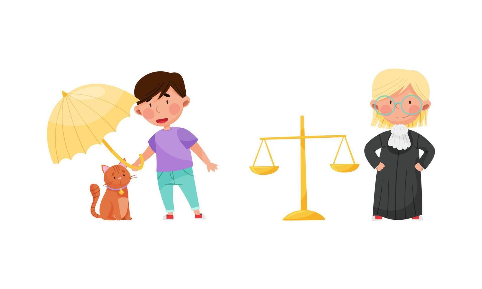 Honest and fair children set. Kids protecting animals and playing judge cartoon illustration vector
