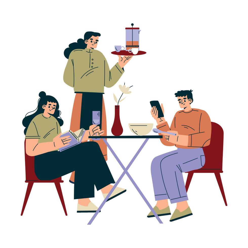 Man and Woman in the Cafe Sitting at Table Enjoy Food and Drink Illustration vector