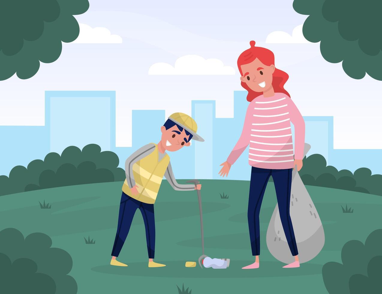 Woman with Boy Kid Clean Nature Collect Garbage Care of Environment Illustration vector
