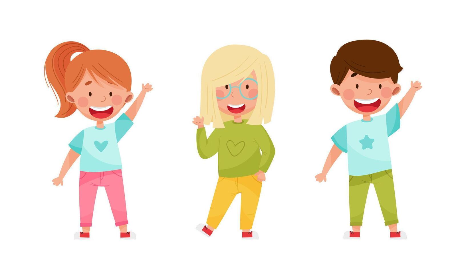 Set of smiling children waving their hands. Cheerful kids standing with hand raised cartoon illustration vector