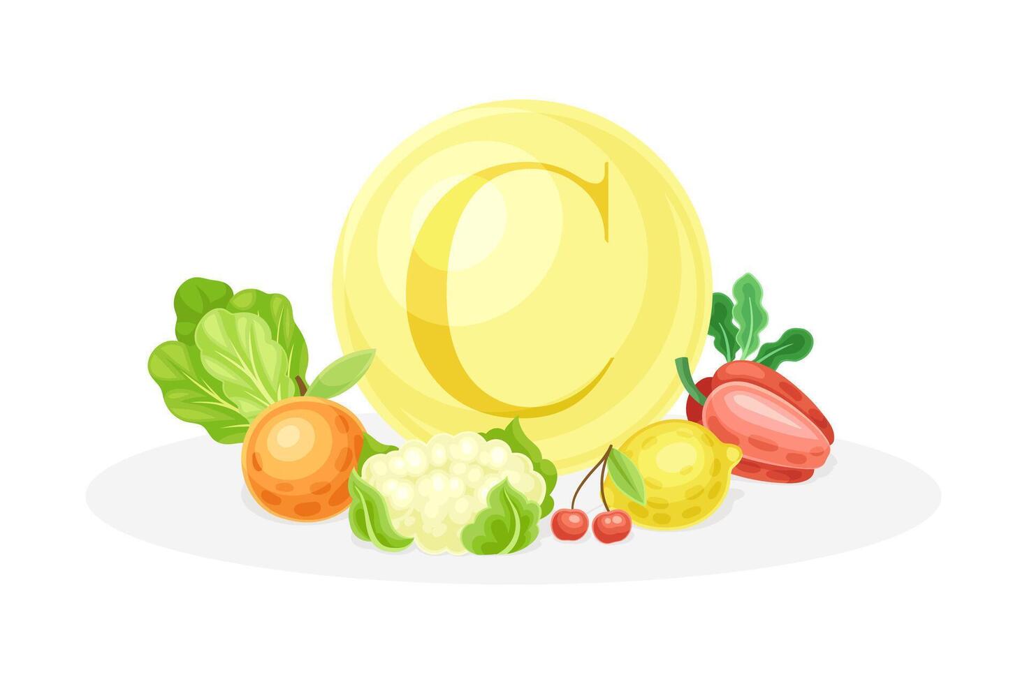 Sources of vitamin C. Turnip, cauliflower, cherry, pepper, lemon healthy nutrition food. Mineral vitamin supplement illustration vector