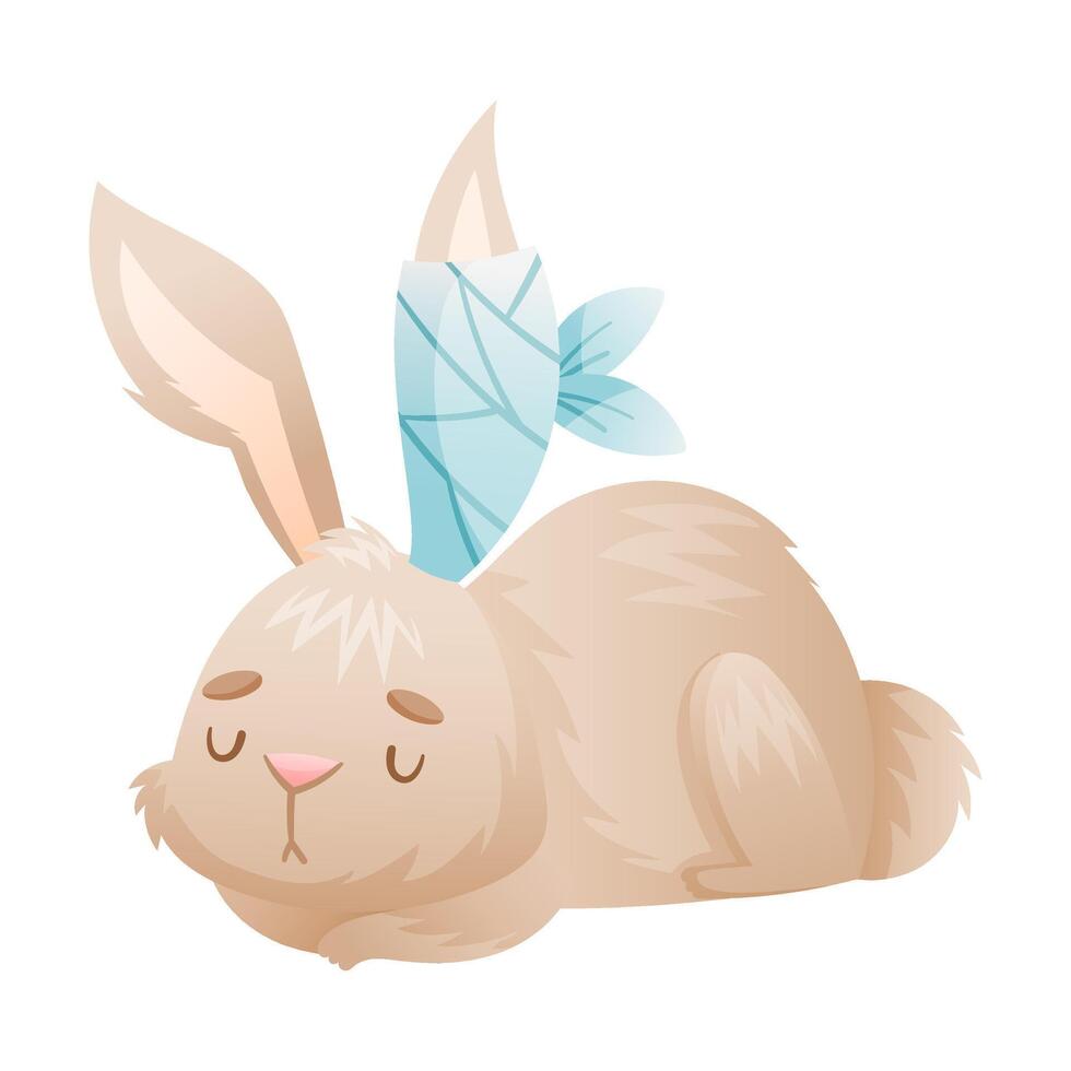 Sick cat rabbit animal. Sad bunny with bandage on its ear cartoon illustration vector