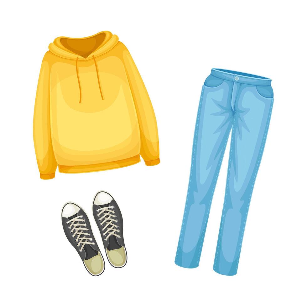 Set of unisex clothes. Hoodie, jeans and sneakers cartoon illustration vector