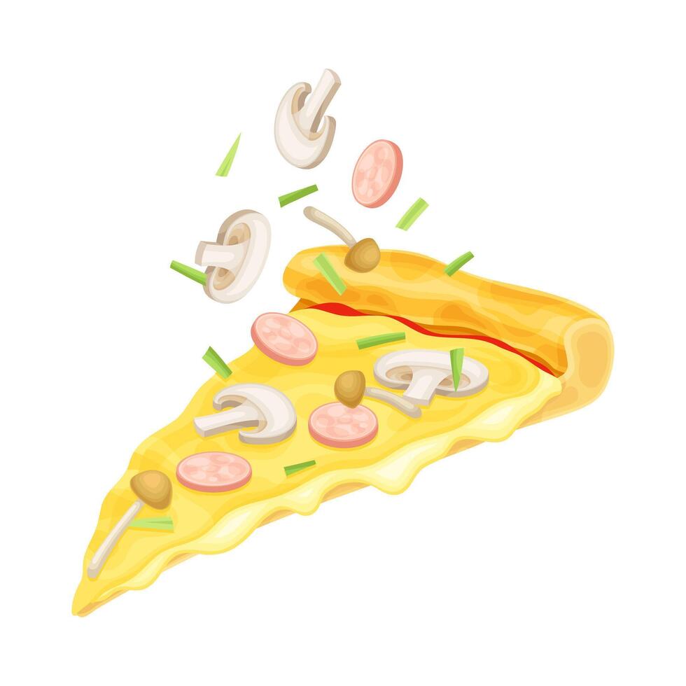Slice of pizza with mushroom and sausage. Tasty Italian fast food illustration vector