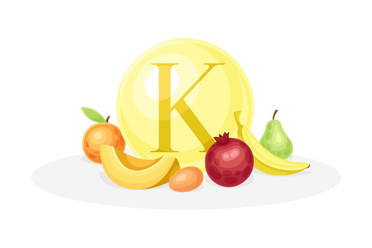 Sources of vitamin K. Apple, pear, watermelon, pomegranate, egg healthy nutrition food. Mineral vitamin supplement illustration vector
