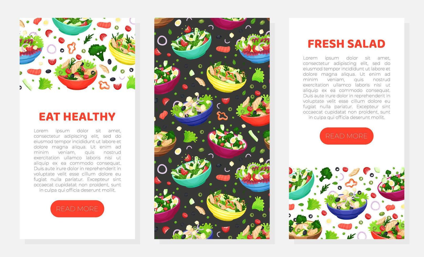 Eat healthy web banners set. Salad recipe, tasty organic natural meal mobile app interface illustration vector