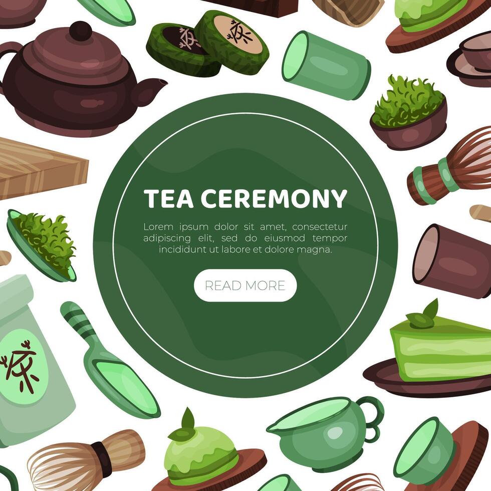 Tea ceremony web banner. Traditional Japanese and Chinese tea ceremony utensils landing page illustration vector