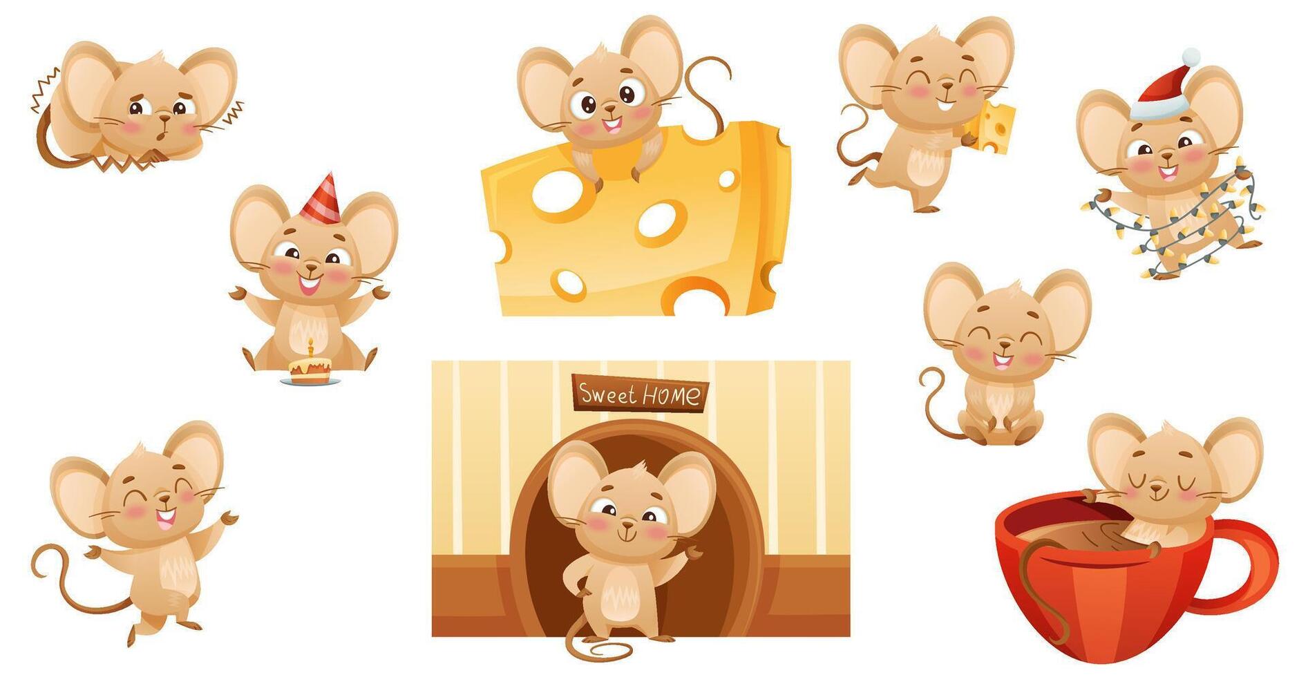 Cute little mouse doing various activities set. Brown baby animal character with funny face and rounded ears illustration vector