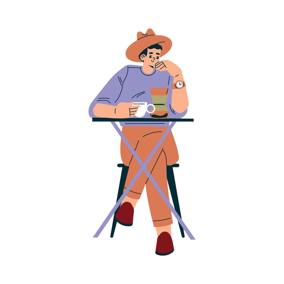 Man Character in Cafe Sitting on Chair with Tea Illustration vector