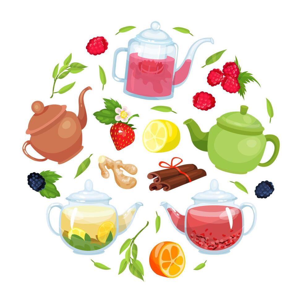 Herbal drinks in circular shape. Poster, card, background with fresh aroma healthy drinks illustration vector