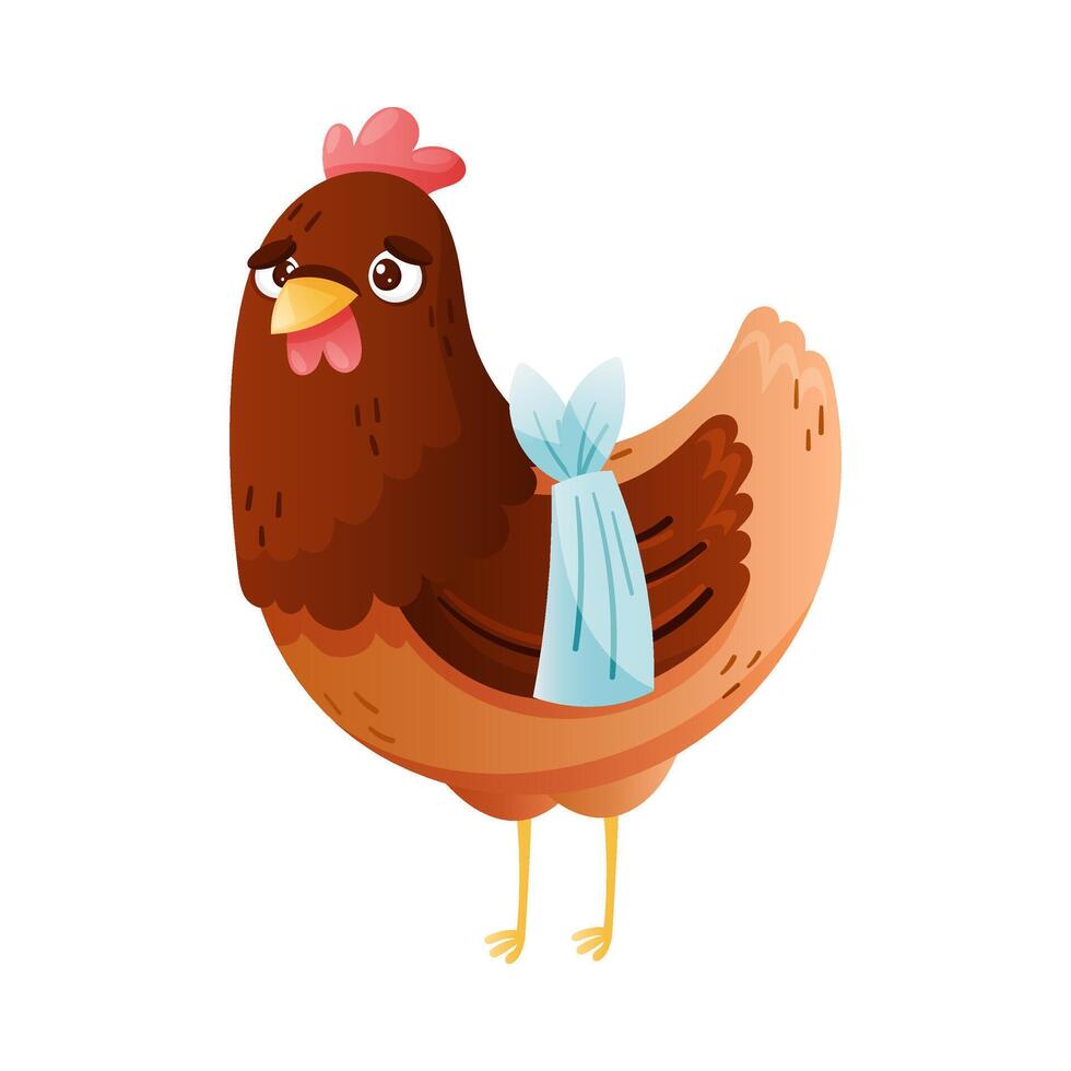 Sick hen farm bird. Sad chicken with bandage on its hen cartoon illustration vector