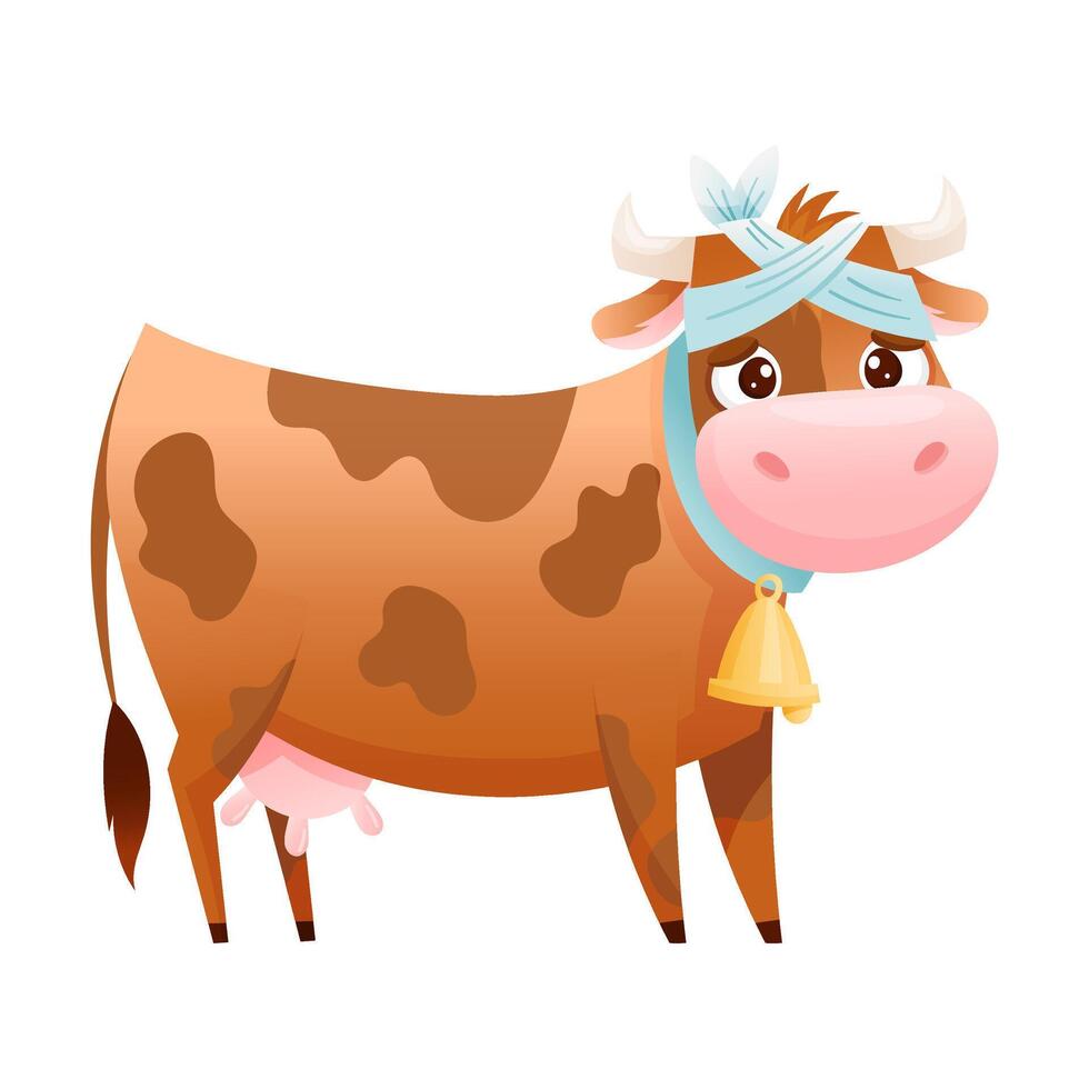 Sick cow farm animal. Sad calf with bandage on its head suffering from toothache cartoon illustration vector