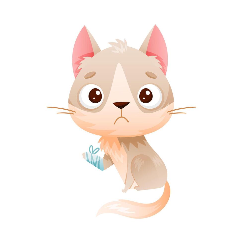 Sick cat pet. Sad kitten animal with bandage on its paw cartoon illustration vector