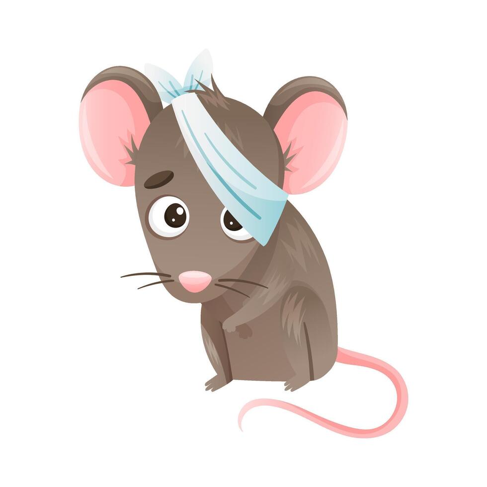 Sick mouse animal. Sad baby animal with bandage on its head suffering from headache cartoon illustration vector