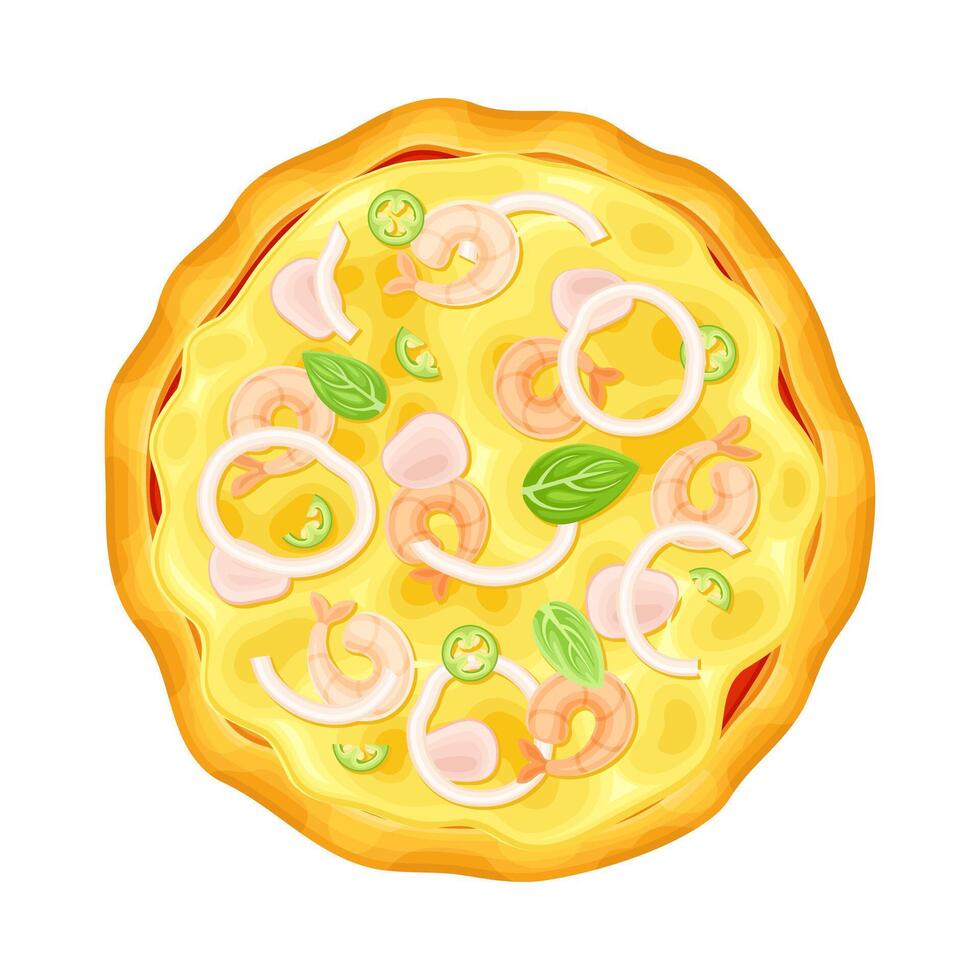 Top view of whole pizza with shrimp, ham, onion and pepper. Tasty Italian fast food illustration vector