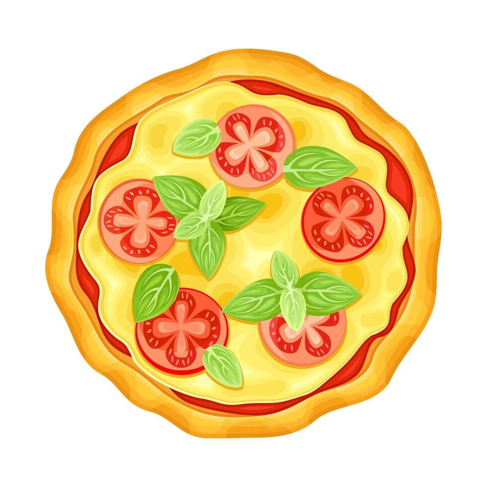 Top view of vegetarian pizza with tomato and basil leaves. Tasty Italian fast food illustratio vector