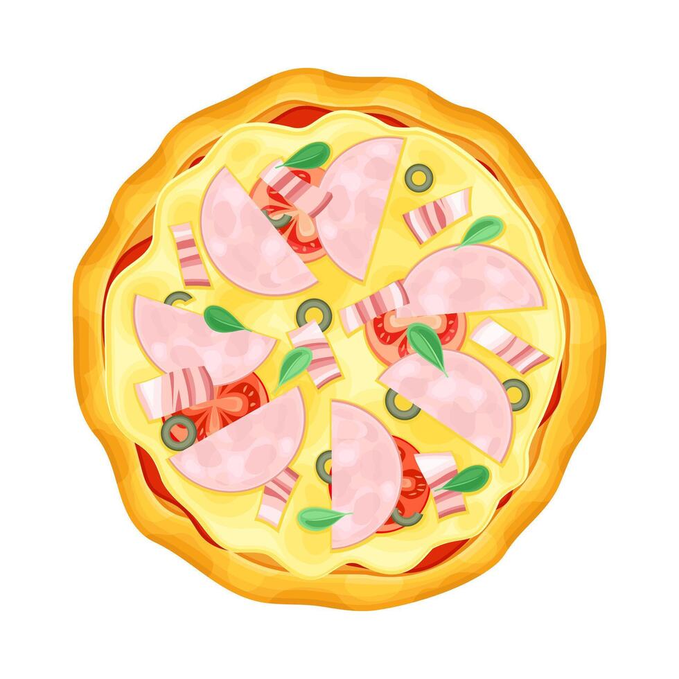 Top view of whole pizza with bacon, ham and tomato. Tasty Italian fast food illustration vector