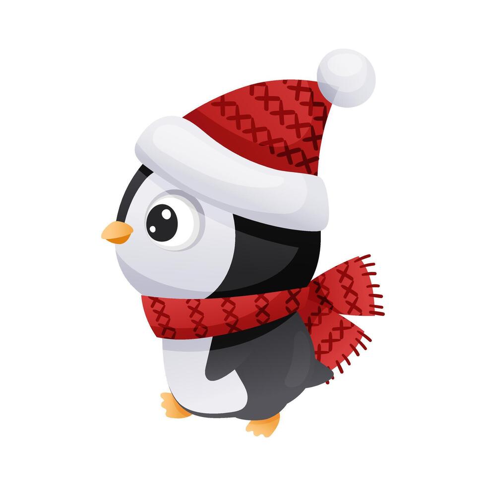 Cute penguin in Santa hat and scarf. Adorable funny baby bird cartoon character, side view. New year and Christmas design illustration vector