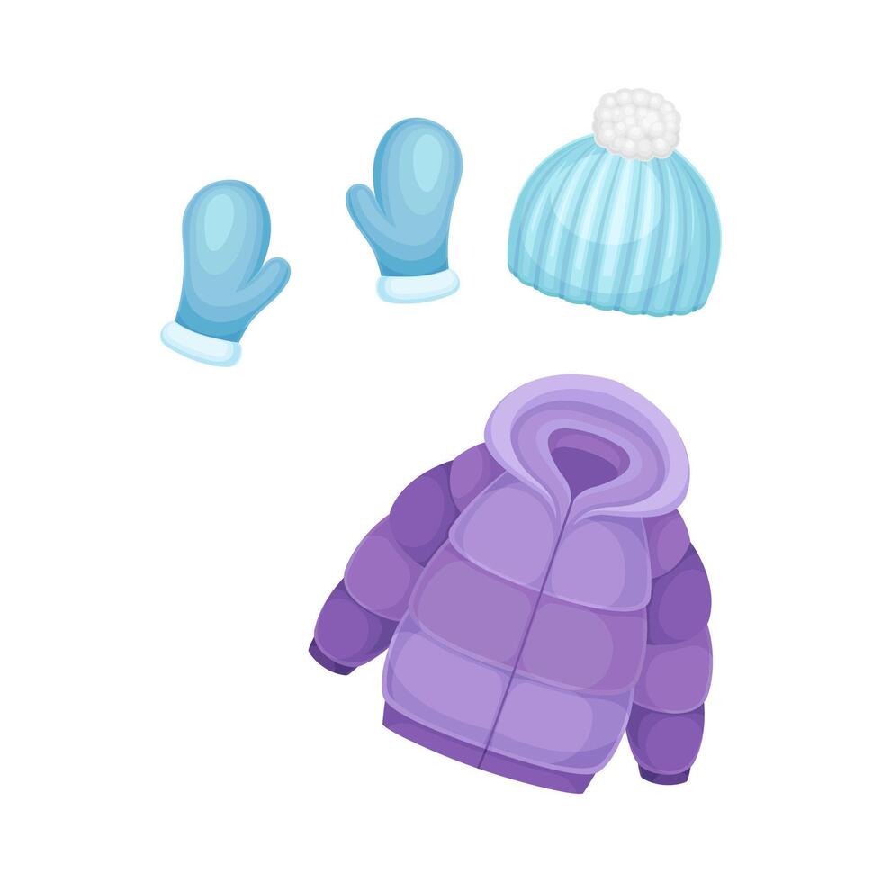 Winter clothes for girl set. Warm jacket, mittens and knitted hat cartoon illustration vector