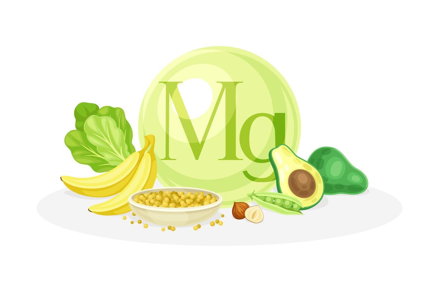 Sources of Mg mineral. Banana, nut, avocado, peas healthy nutrition food. Mineral vitamin supplement illustration vector