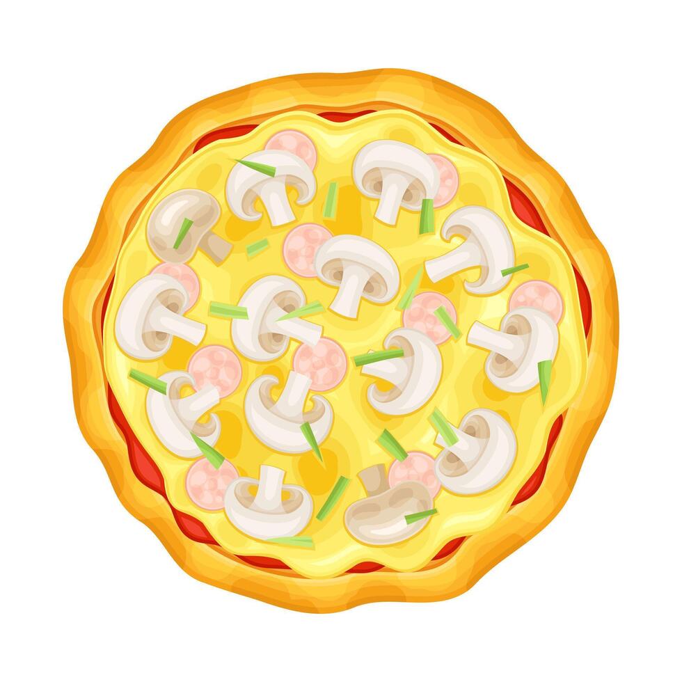 Top view of whole pizza with mushrooms and sausage. Tasty Italian fast food illustration vector