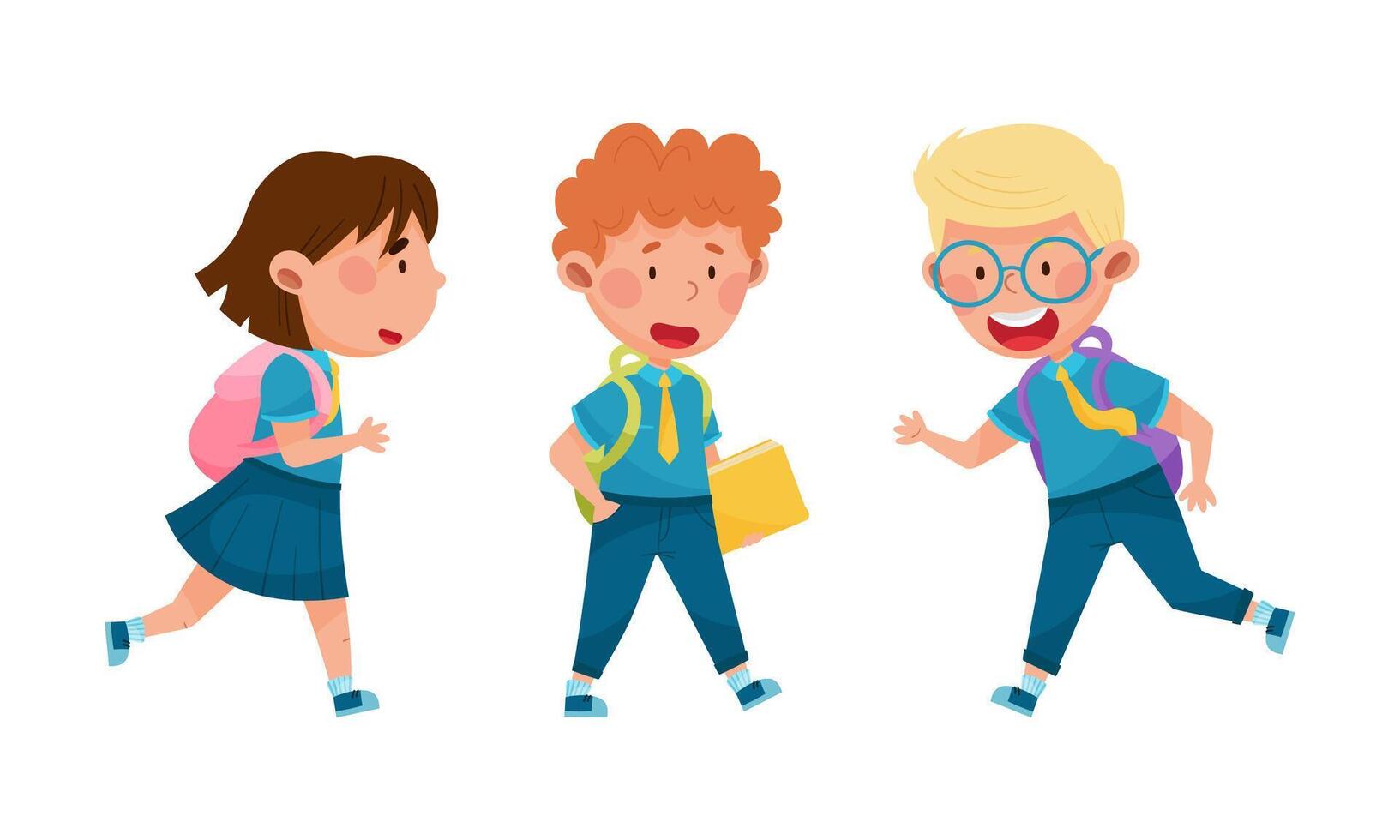 Cute kids in school uniform going to school with backpacks and books cartoon illustration vector