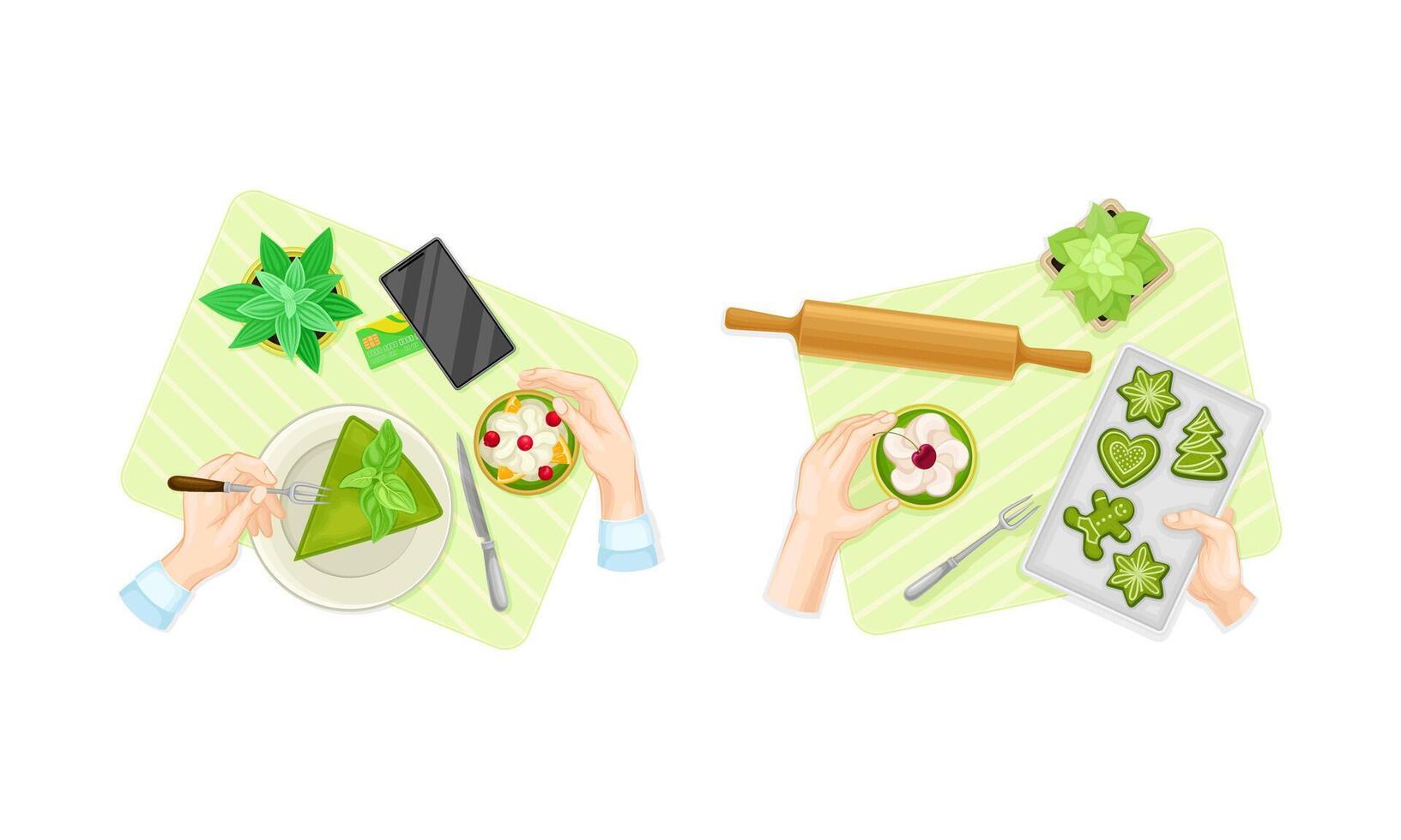 View from above of female hands baking matcha tea desserts set illustration vector