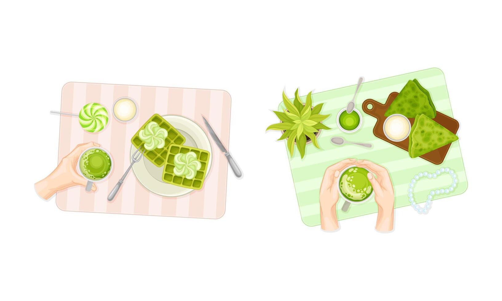 View from above of female hands and various matcha tea desserts set illustration vector