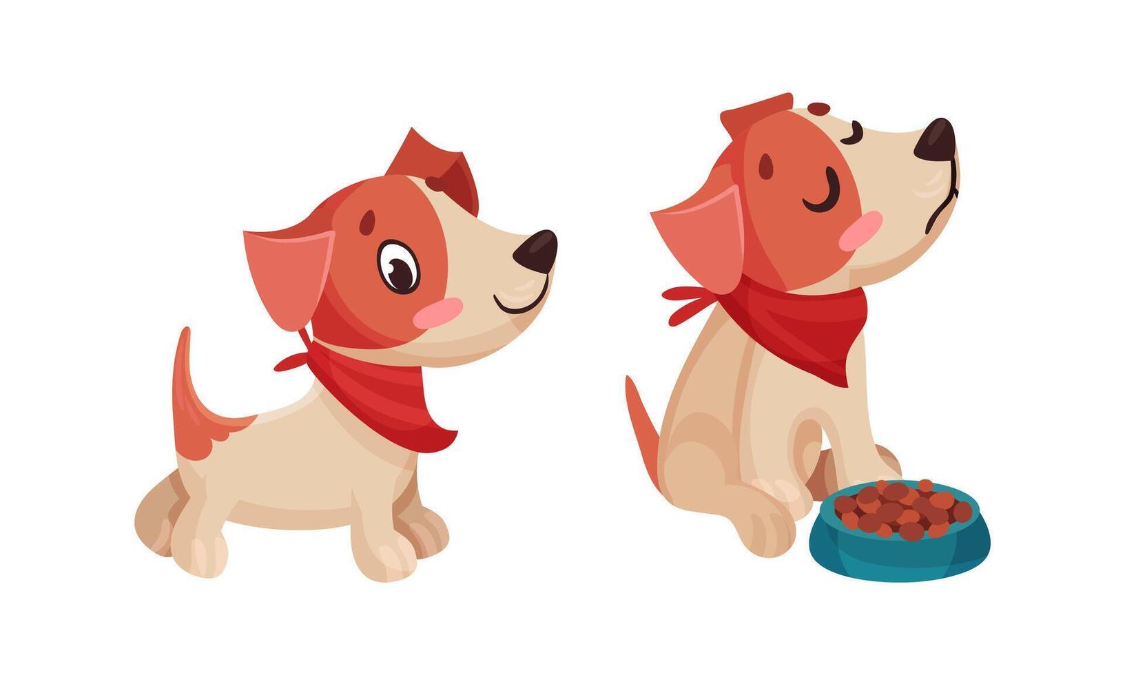 Cute puppy daily routine set. Adorable little pet animal with bowl of food cartoon illustration vector