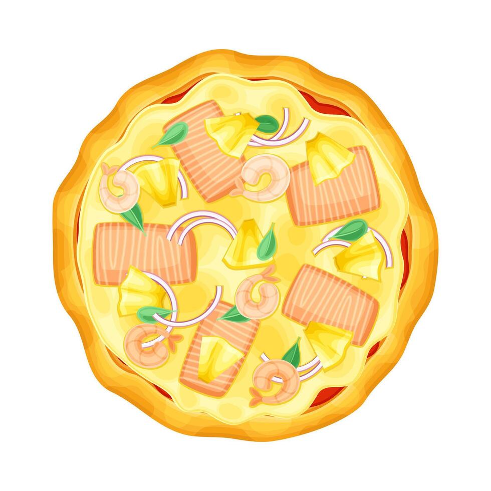 Top view of whole pizza with salmon, shrimp, pineapple and onion. Tasty Italian fast food illustration vector