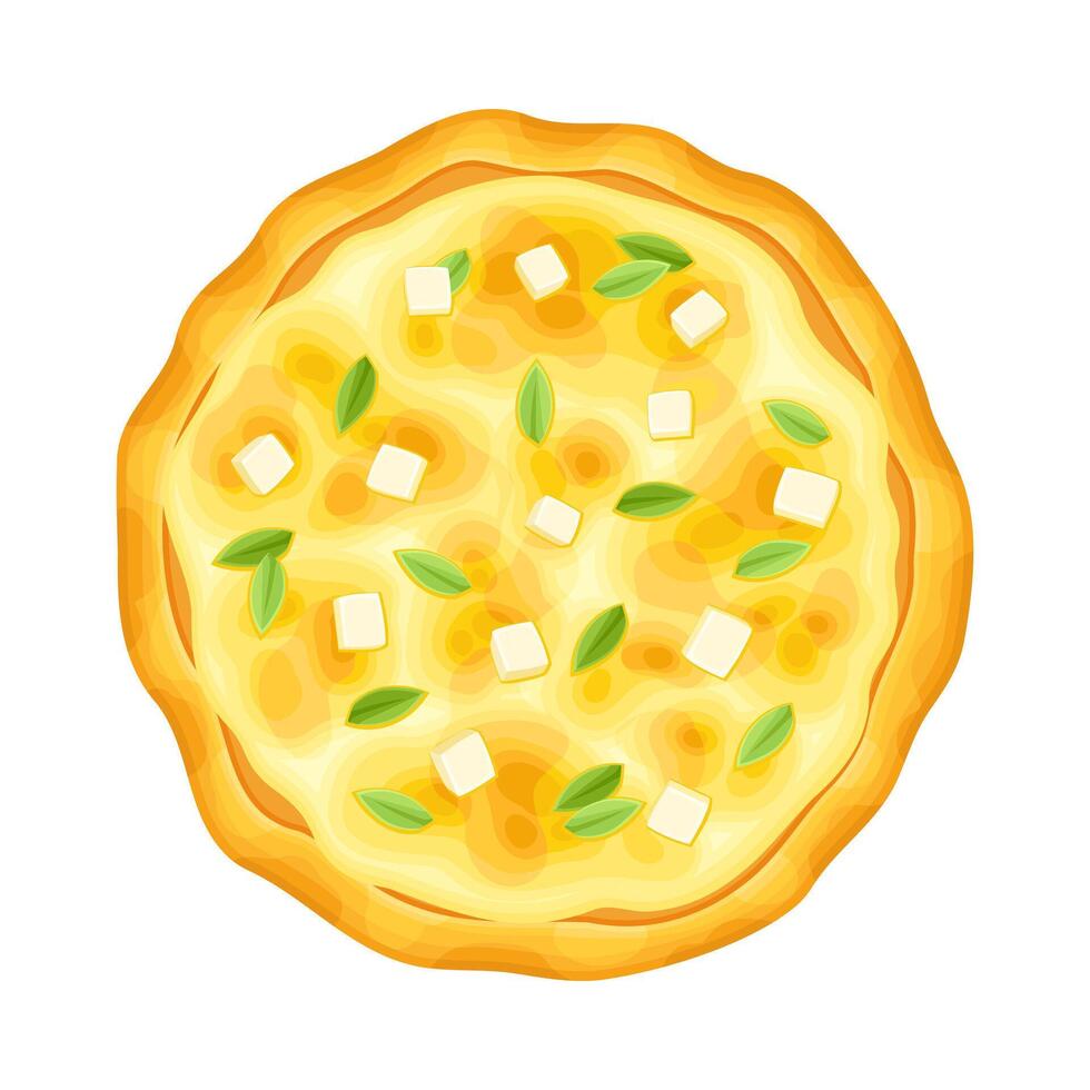 Top view of whole pizza with melted cheese. Tasty Italian fast food illustration vector