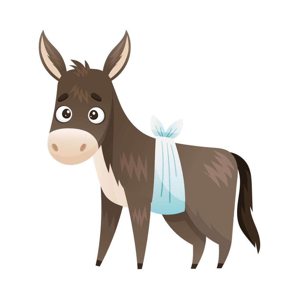 Sick donkey farm animal. Sad baby animal with bandage on its stomach suffering from stomachache cartoon illustration vector