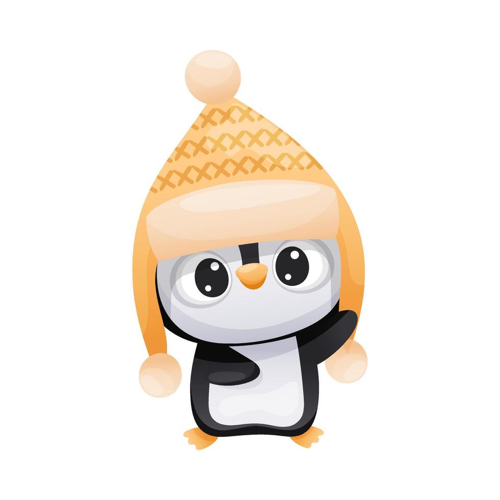 Cute penguin in kintted hat with earflaps. Adorable funny baby bird cartoon character. New year and Christmas design illustration vector