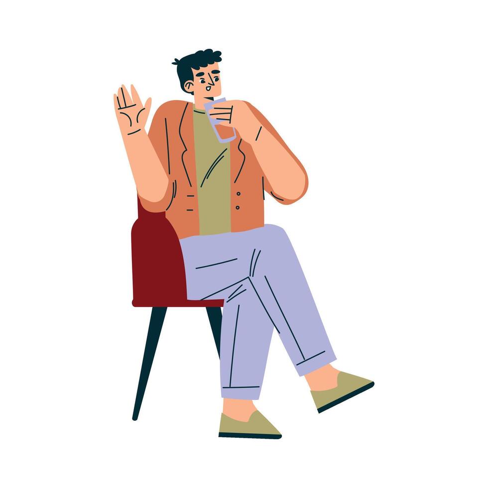 Man Character in Cafe Sitting on Chair with Glass of Juice Illustration vector