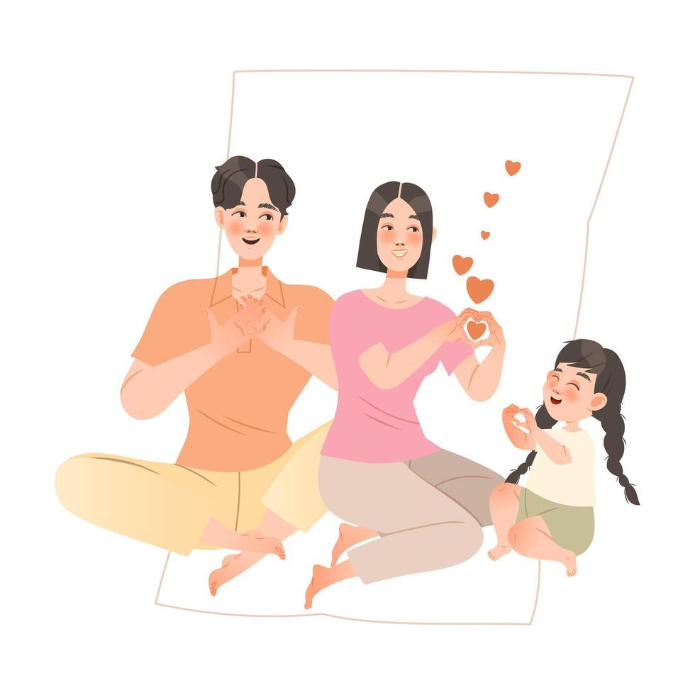 Happy loving family. Dad, mom, and their little daughter sitting on floor making heart shape gesture with their hands illustration vector