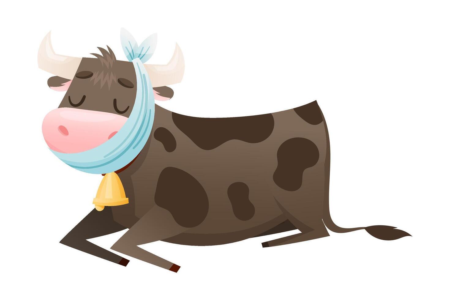 Sick cow farm animal. Sad lying calf with bandage on its head suffering from toothache or headache cartoon illustration vector