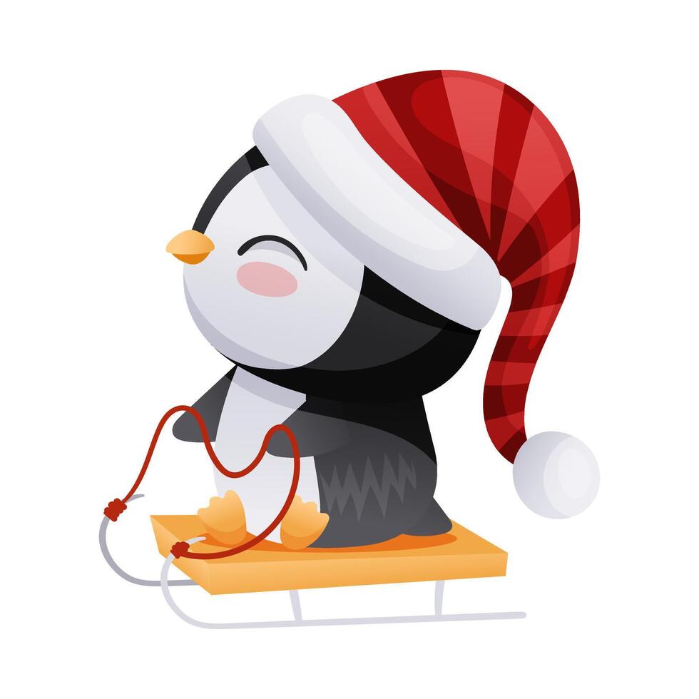 Cute penguin sledding. Adorable funny baby bird cartoon character. New year and Christmas design illustration vector