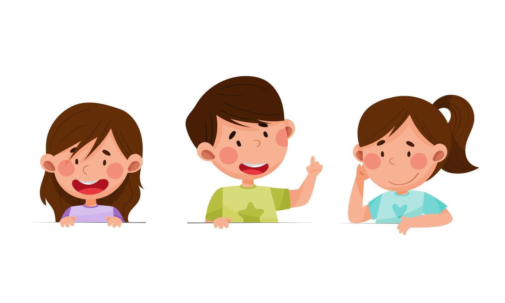 Cheerful boy and girls peeking out from wall with copy space or looking over blank sign board cartoon illustration vector