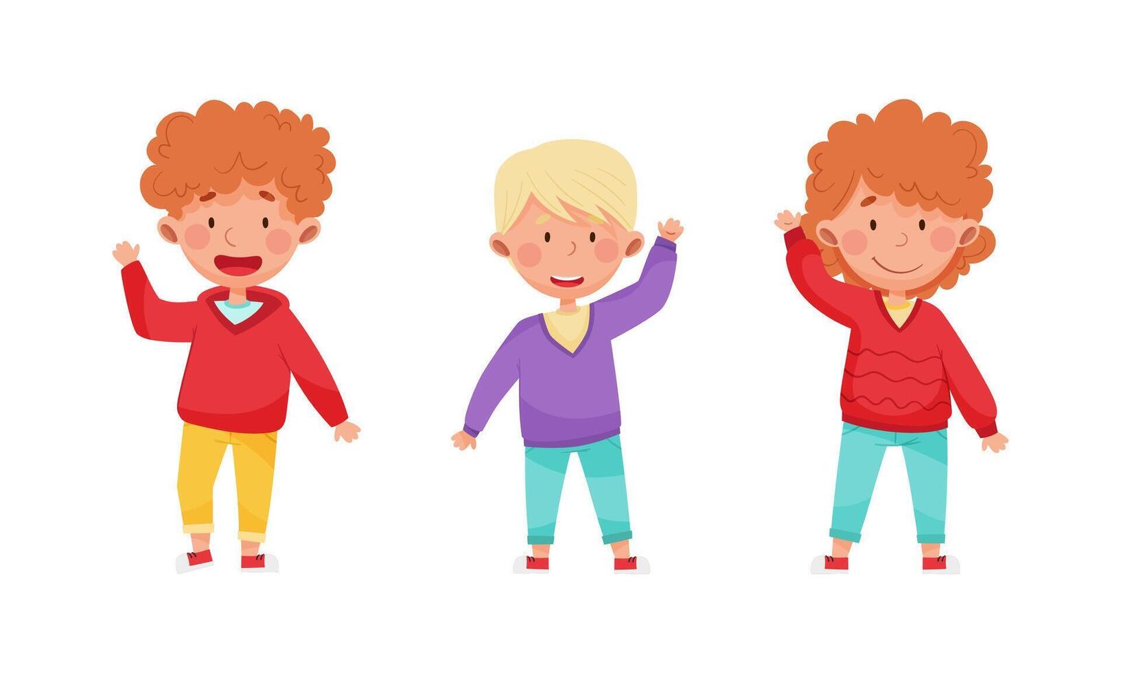Smiling boys waving their hands in greeting set cartoon illustration vector